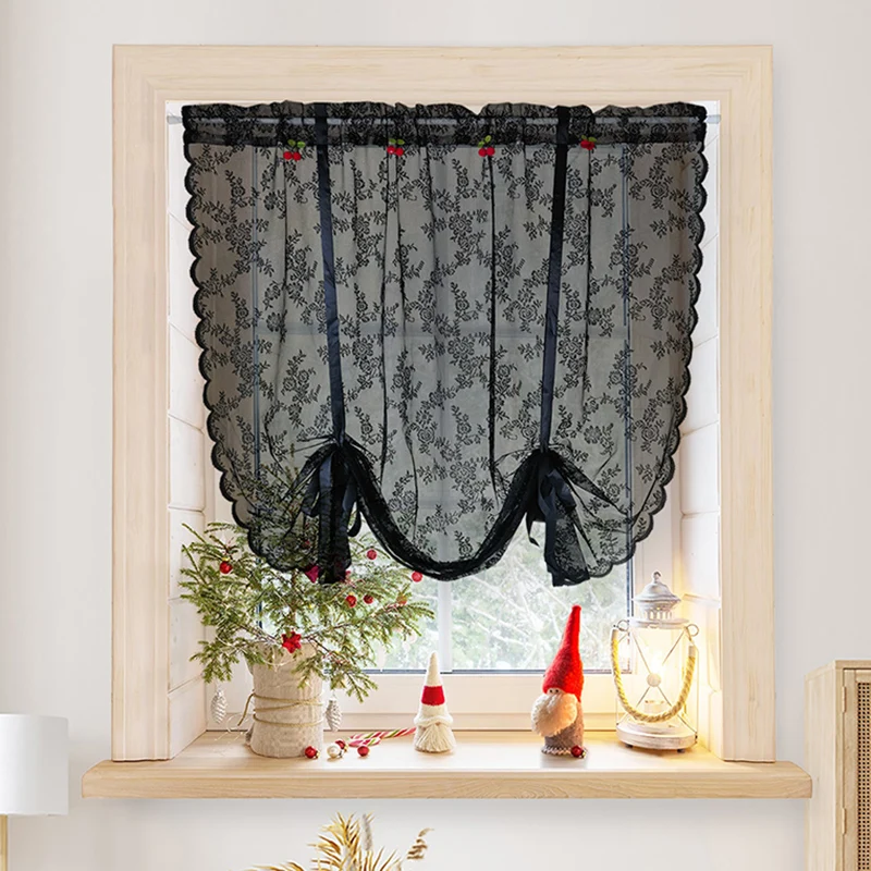 

1 Panel Black Roman Curtain With Red Cherry Decoration Kitchen Short Curtain, Coffee Curtain, Partition Curtain, Gauze Curtain