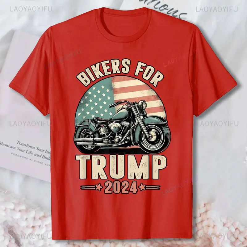 Bikers for Trump 2024 Motorcycle US American Flag Patriotic T-Shirt Fashion Man Women Short-sleev T Shirt 100% Cotton Unisex Tee