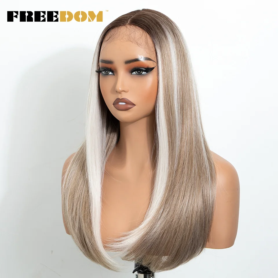 FREEDOM – gerade geschnittene, mehrlagige, synthetische Perücken mit Spitze vorne für Damen, 22 Zoll, mit Mittelscheitel, Ombré-Braun-Blond, ohne Klebstoff, für den täglichen Gebrauch. – Detail 4