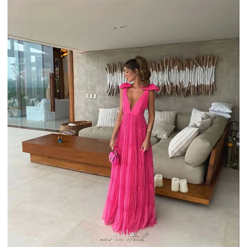 

Cathy Hot Pink V-neck Wedding Dresses Backless Tulle A-line فساتين سهرة Elegant Sleeveless Floor-length vestidos de fiesta 2024