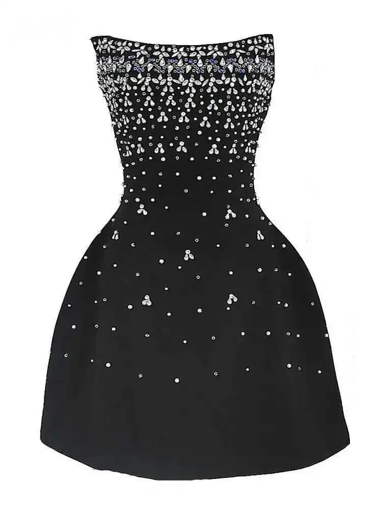 French Style Diamond Spliced Party Mini Dresses For Women Slash Neck Sleeveless High Waist Black Female Dress 2025 Tops KP98