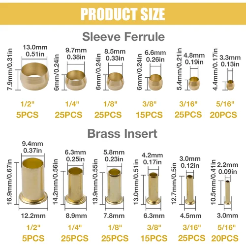 Imagen 2 del producto Kit de accesorios de compresión de 230 piezas, casquillos de latón para tuberías de aceite, 6 tamaños (1/8"", 3/16"", 1/4"", 5/16"", 3/8"", 1/2""), accesorios de tubería para conectar líneas de aire, agua y combustible.