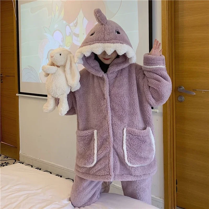 Shark Women\'s Pajamas Flannel Hooded Sleepwear Kawaii Pijama Female Set with Pants Cute Pyjamas Halloween Party Loungewear