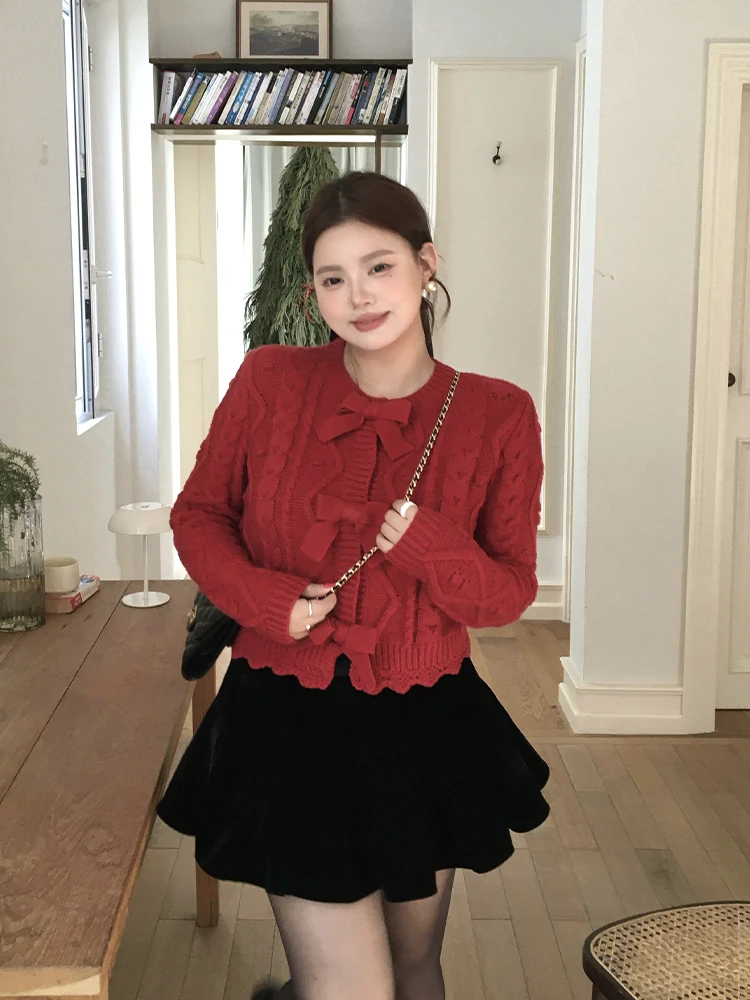 

Красный круглый вязаный свитер Cisas из шерсти для женщин больших размеров, классический повседневный стиль, зимняя мода