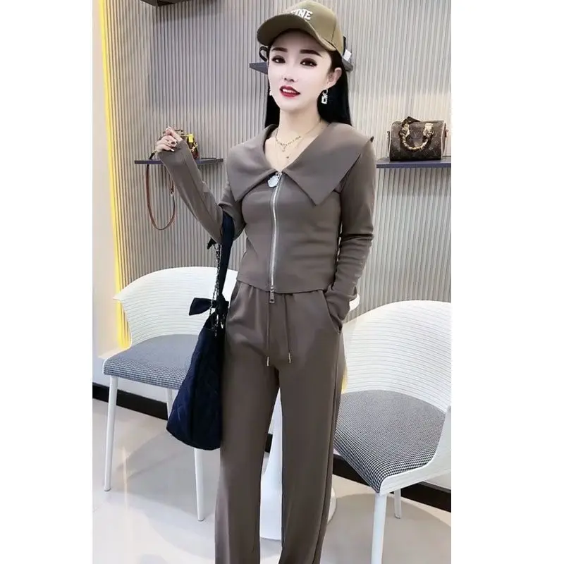 

Модный комплект для женщин, утягивающая куртка на молнии в корейском стиле + повседневные брюки, осенне-зимний спортивный комплект из двух предметов