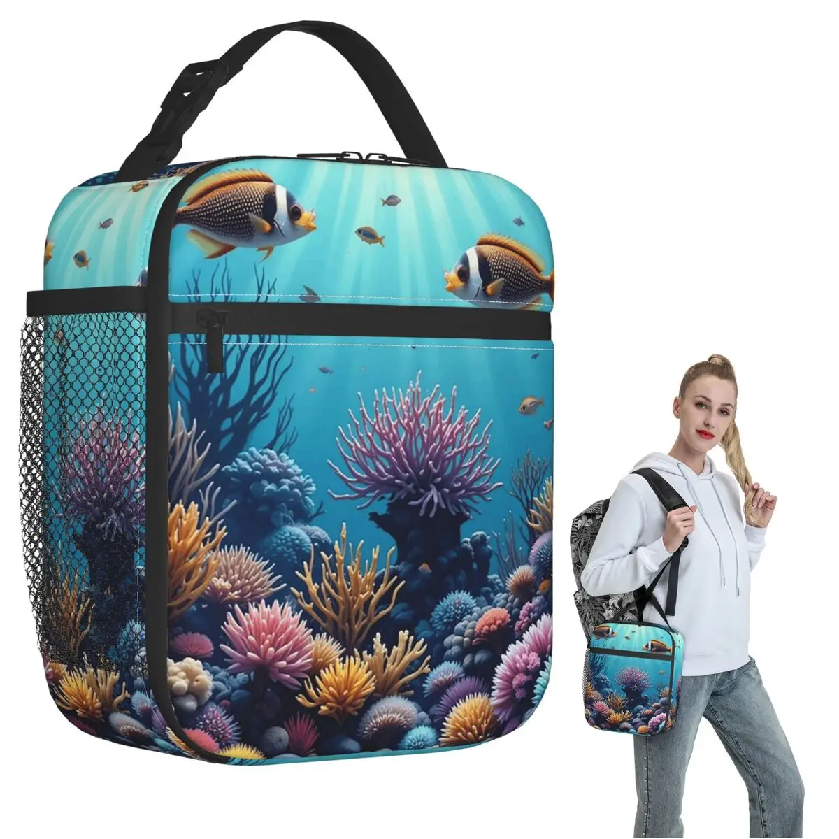 

Изолированная сумка для обеда с изображением рыбок с кораллового рифа для женщин и детей, портативные контейнеры для еды, термосумка для обеда