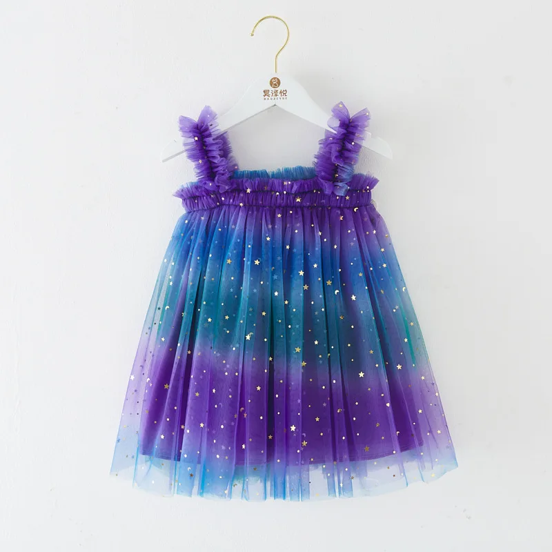 New Cute Baby Girl Clothes Fashion Rainbow Gradient Colour Stars Moon Decoration Sling Baby Dresses Sweet Little Girls Dress