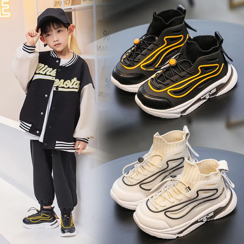 Spring Kids Fashion High-top Sneakers Cool 2022 Black Non-slip Simple Sock Sports Shoes for Boys Soft Thick Bottom Non-slip New