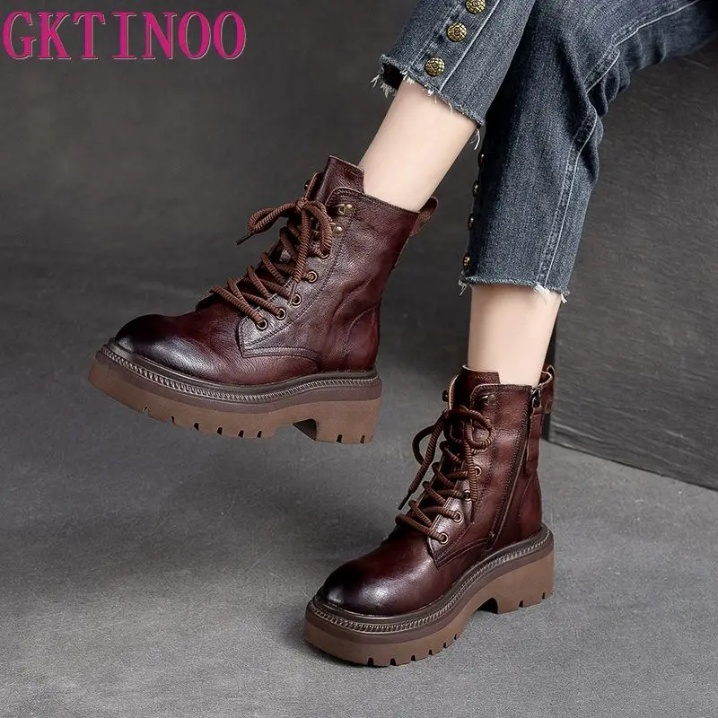 GKTINOO 2024 Cow Leather Quality Women Shoes Autumn Winter Square Med Heel Ankle Boots Lace Up Zipper Ladies Pumps Size 35-40