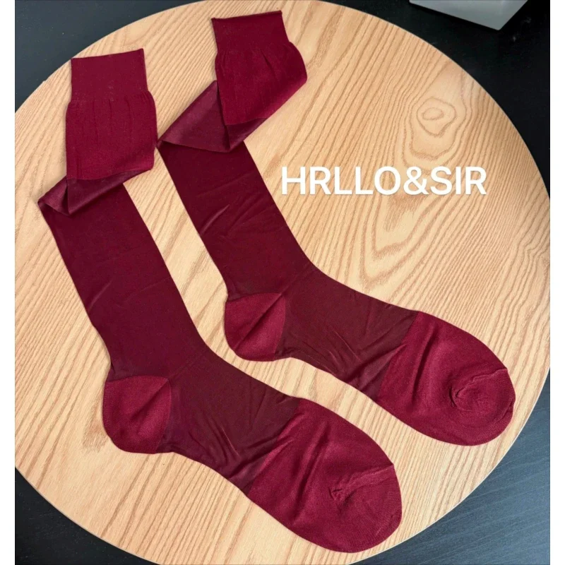 Men Business Dress Long Socks High Quality Elastic Soft Breathable Casual Solid Color Spanish Red Stockings Man Knee High Socks