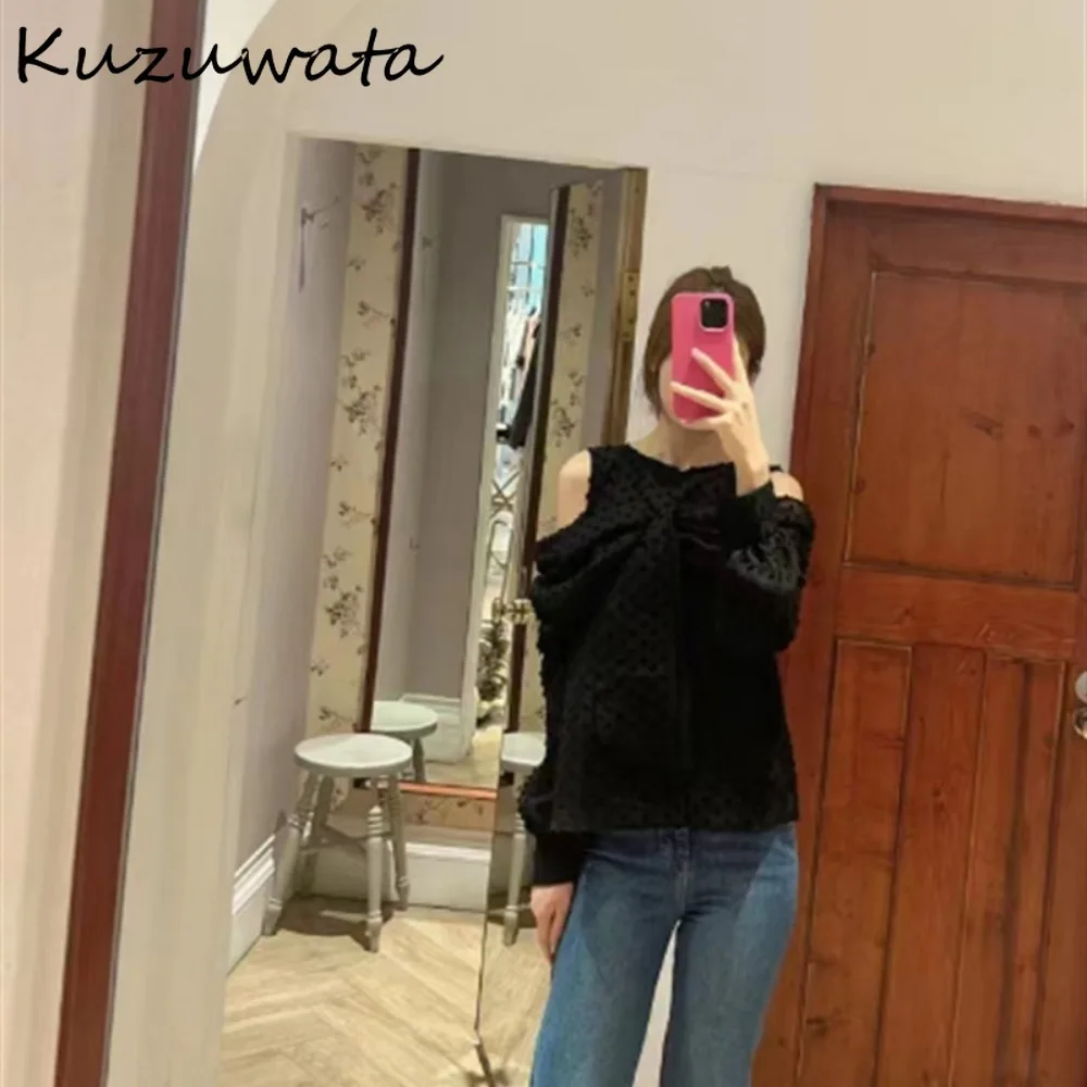 Kuzuwata Elegant Slash Neck Long Sleeve Sweet Shirt Off Shoulder Simple All-match Bow Blouses Japan Moda Jacquard Weave Blusas