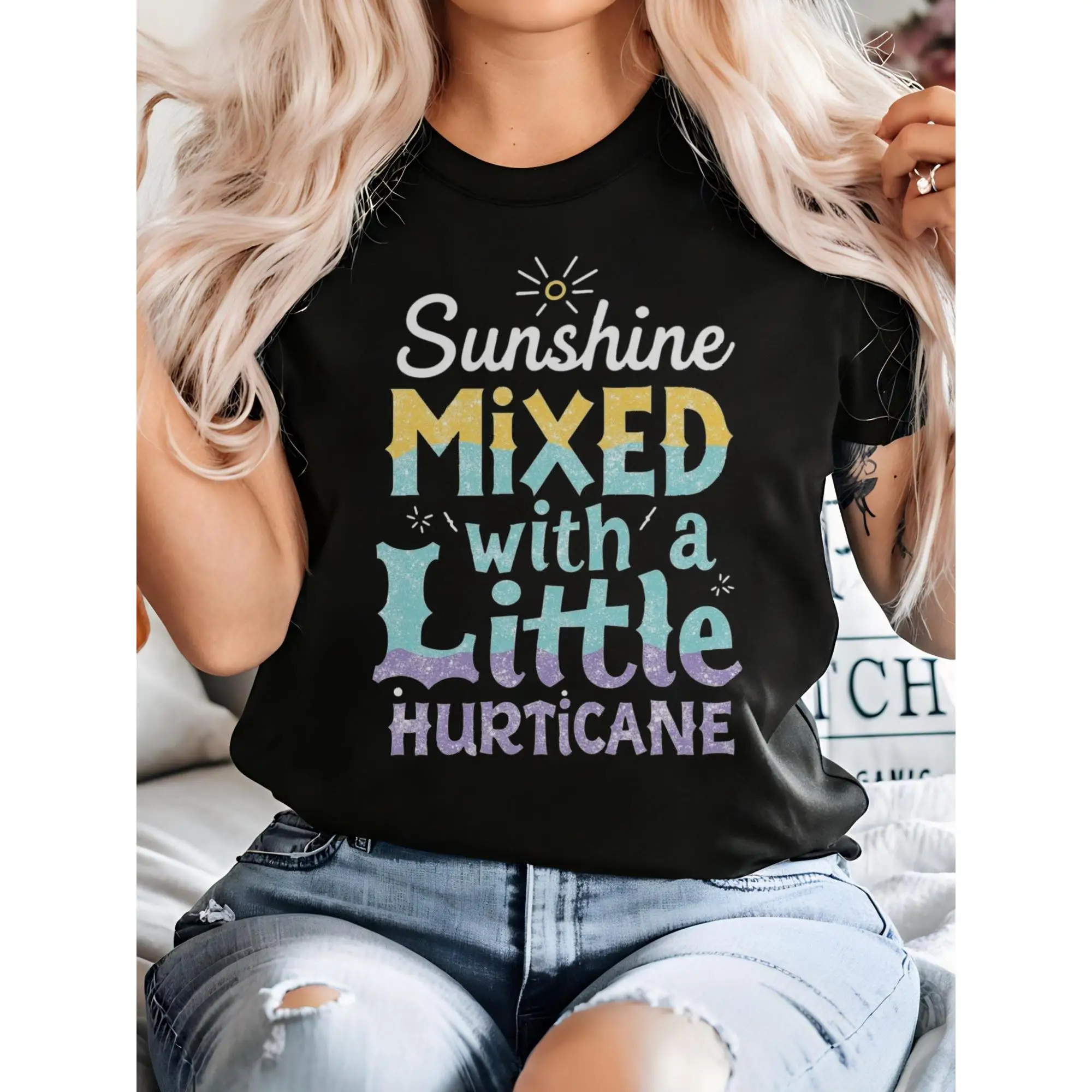 

Women's Funny Personality T-Shirt | "Sunshine & Hurricane" Sarcastic Quote Graphic Tee | Humorous Mood Gift Top