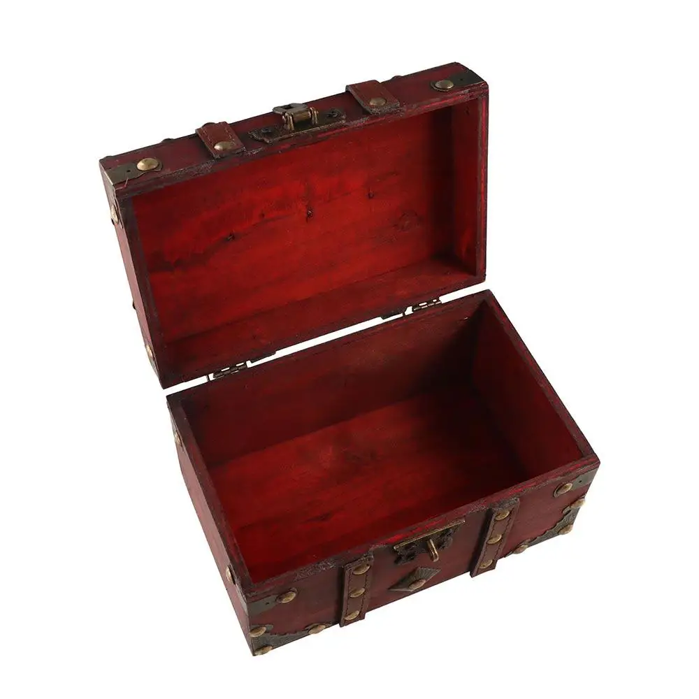 Vintage Wooden Treasure Box With Bronze Color Lock Antique Design Treasure Chest European Retro Style Jewelry Box Props