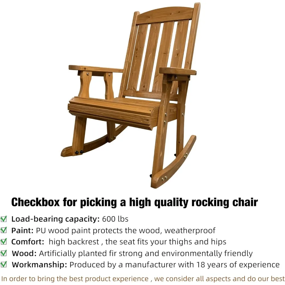 Wooden Rocking Chair with Comfortable Backrest Inclination, High Backrest and Deep Contoured Seat, Solid Fir Wood