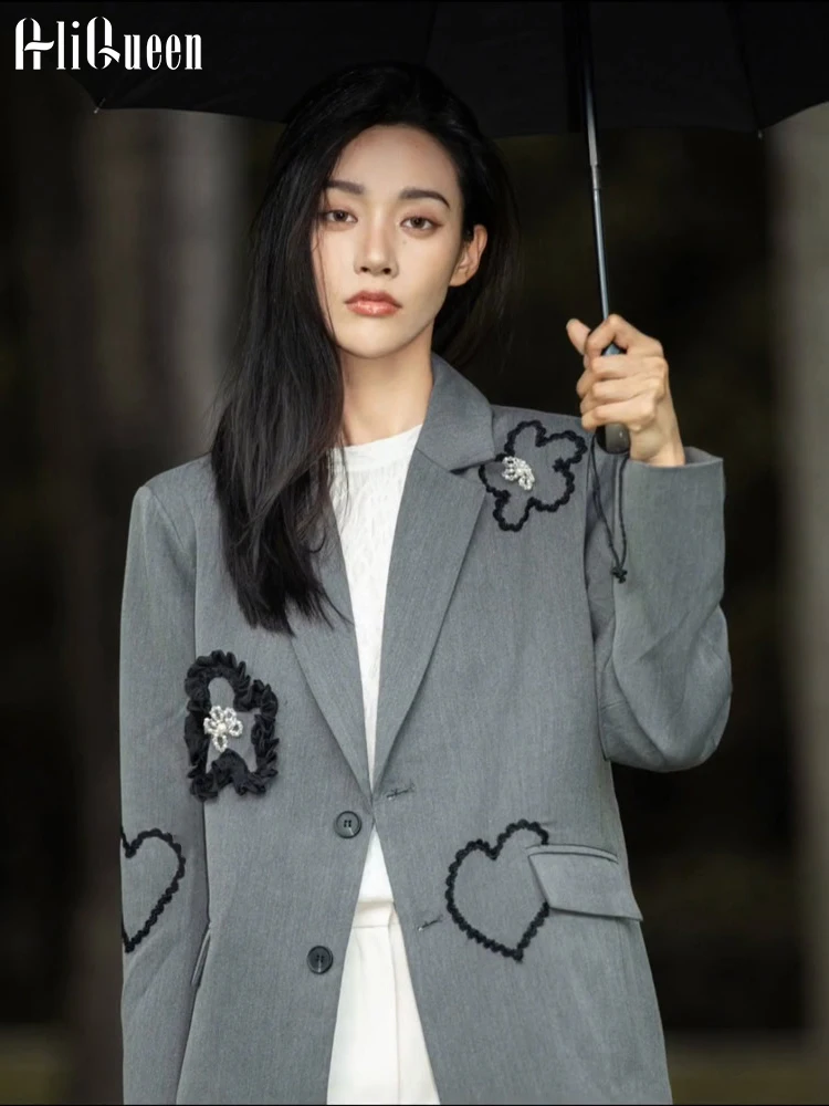 

Korean Women Gray Three-dimensional Flower Heart Embroidery Blazers Suit Women Loose Casual Beading Jacket Coats Outerwear