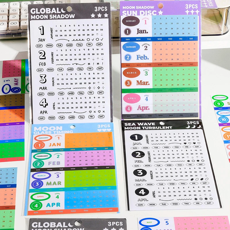 

3Sheets Simple Perpetual Calendar Series Waterproof Stickers Month Display Stickers Office Home Decorations Calendars Gifts