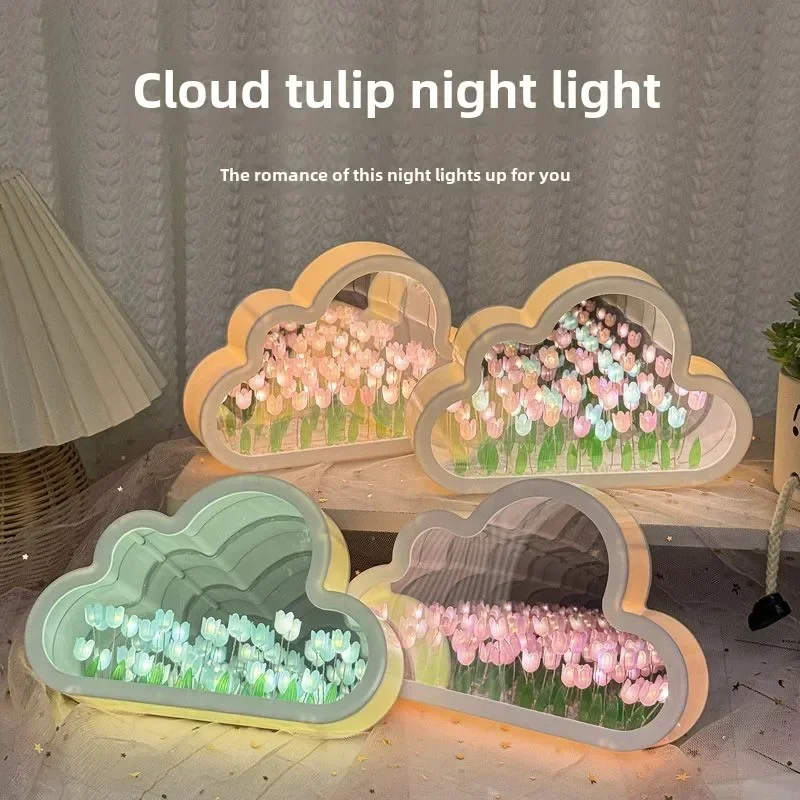 

2 In DIY Tulip Mirror Lamp Cloud Shape Simulation Flower Bedroom Sleeping Table Lamp Handmade Craft Night Light Desktop Decor