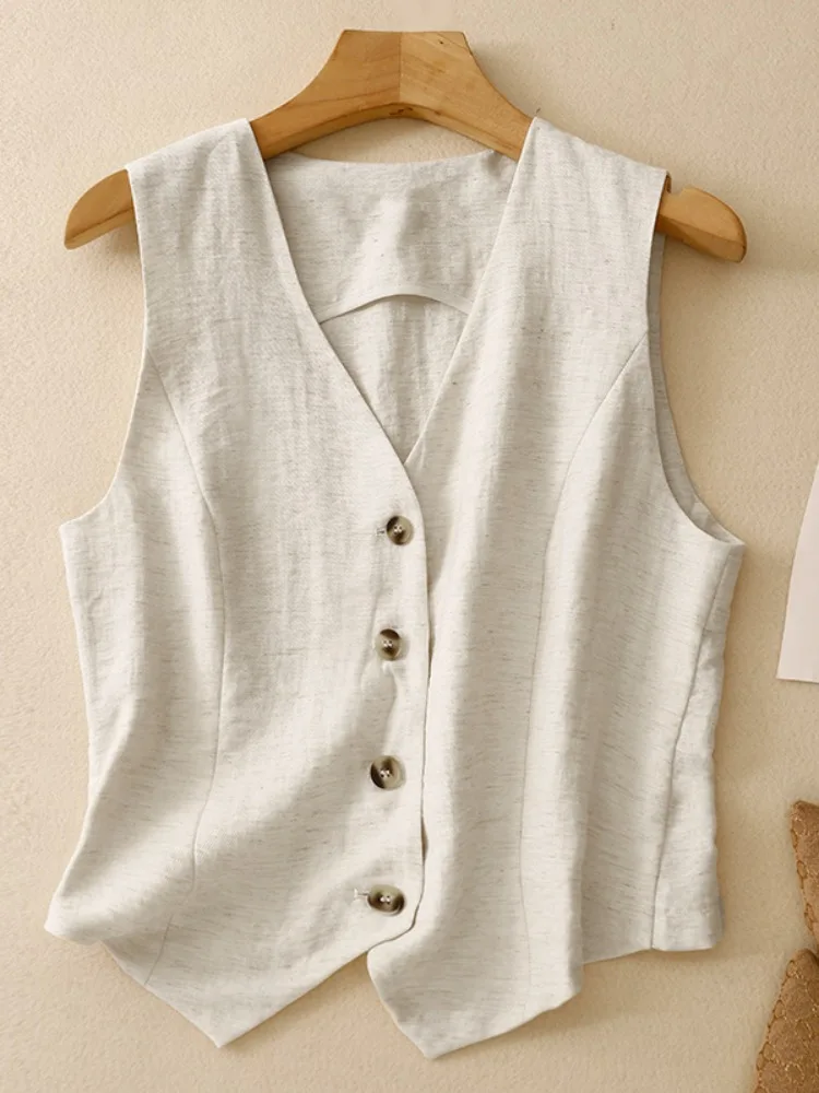 

Linen V-neck Short Thin Women's Vest Summer Fashionable Slim Fit Cotton Linen Jacket Top Buttoned Pure Color