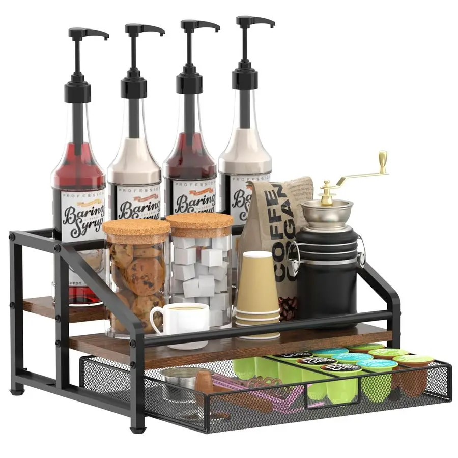 

Coffee Syrup Organizer Rack, 3Tier Coffee Station Organizer for Countertop, Coffee Bar Organizer with 35K Cup Storage Basket, C