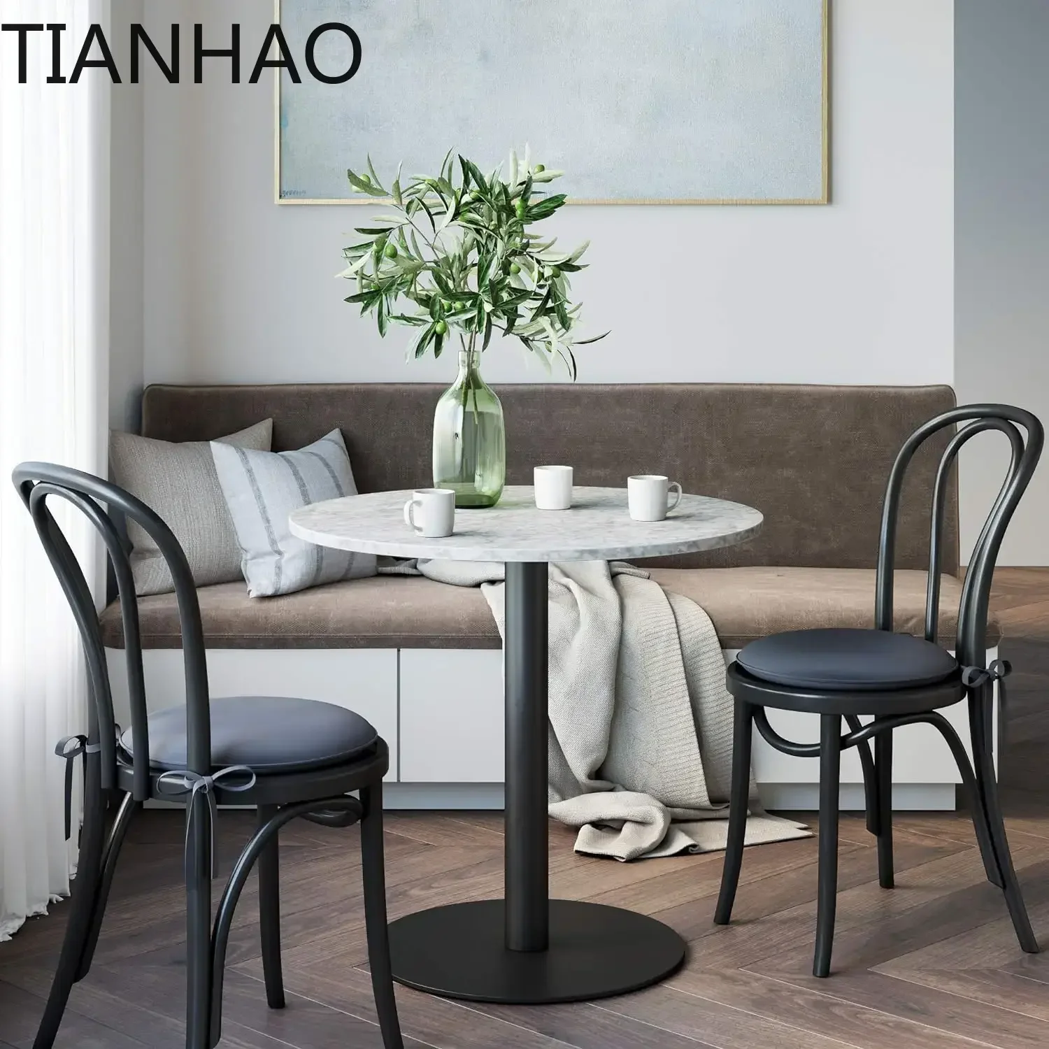 high quality Small Mid-Century Modern Kitchen or Dining Table with Faux Marble Top and Brushed Black