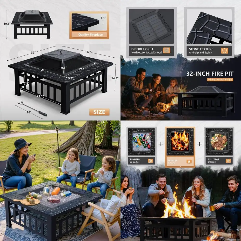 

Квадратный уличный стол-очаг 32 дюйма, металлический гриль-барбекю с защитной сеткой от искр, чехлом от дождя, идеально подходит для заднего двора, сада, кемпинга и