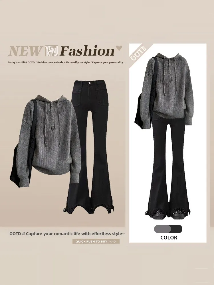 

Loose Lazy Style Fashionable Hoodie And Jeans Set Women's Autumn Winter Small Size Design Sensation Two Piece Suit
