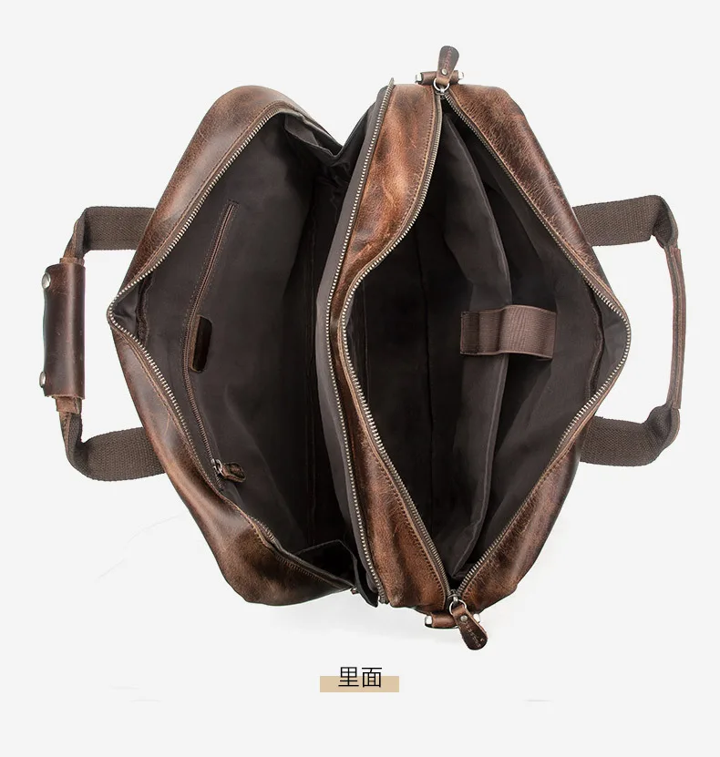 Crazy Horse Leather Men's Briefcase Vintage Retro Genuine Leather Top-Handle Messenger Bag for Business Commuting