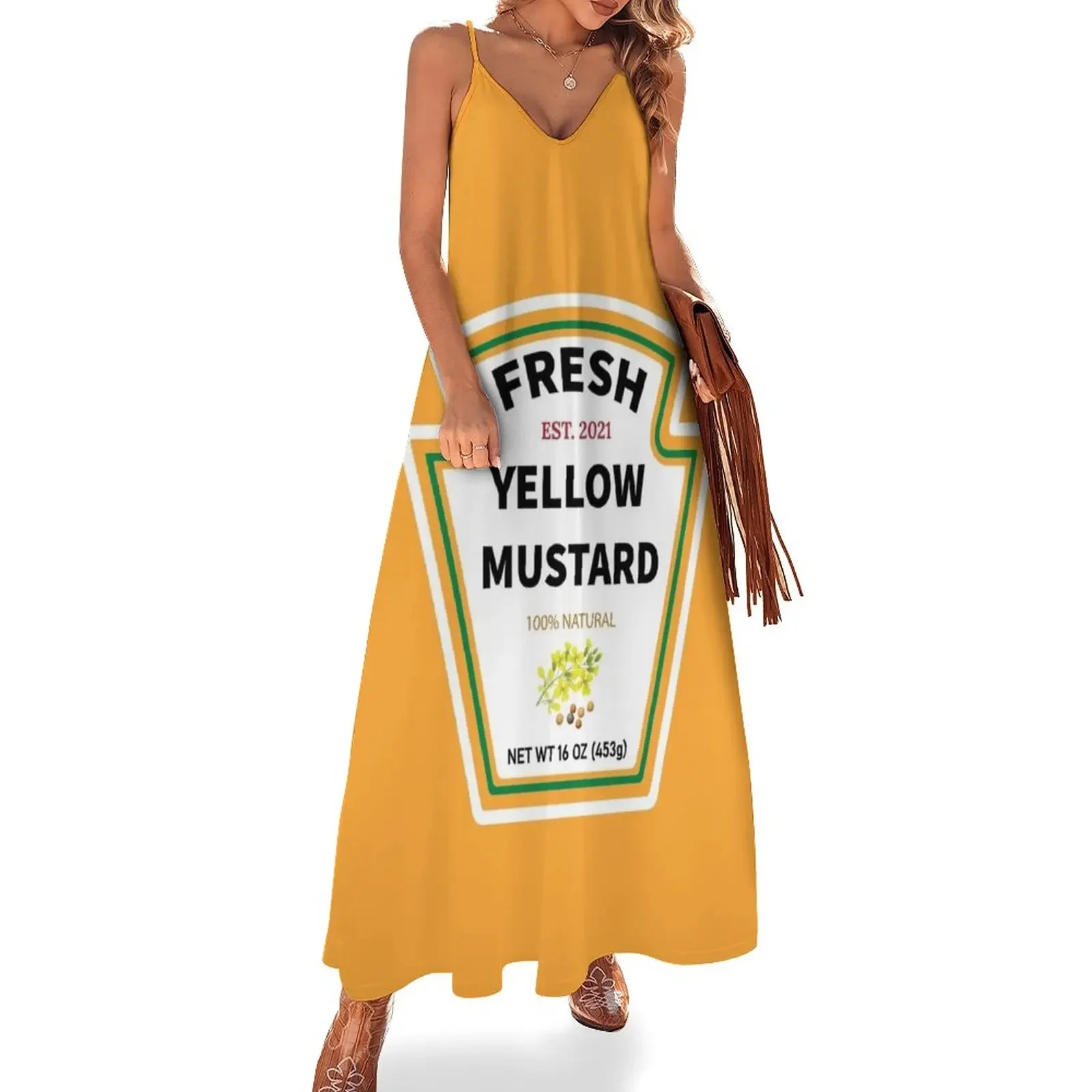 Vestido mostarda sem mangas para mulheres, traje amarelo de Halloween, vestido fresco, estilo coreano, vestidos de verão