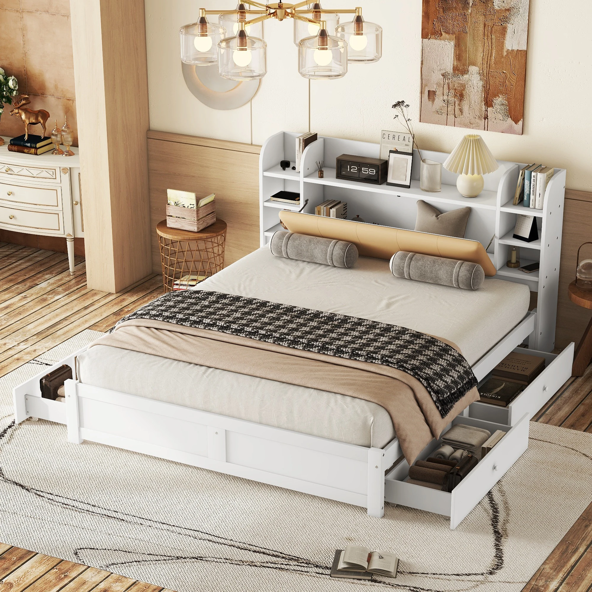 180x200 cm flat bed, partially folding headboard, white, with four drawers and storage compartments