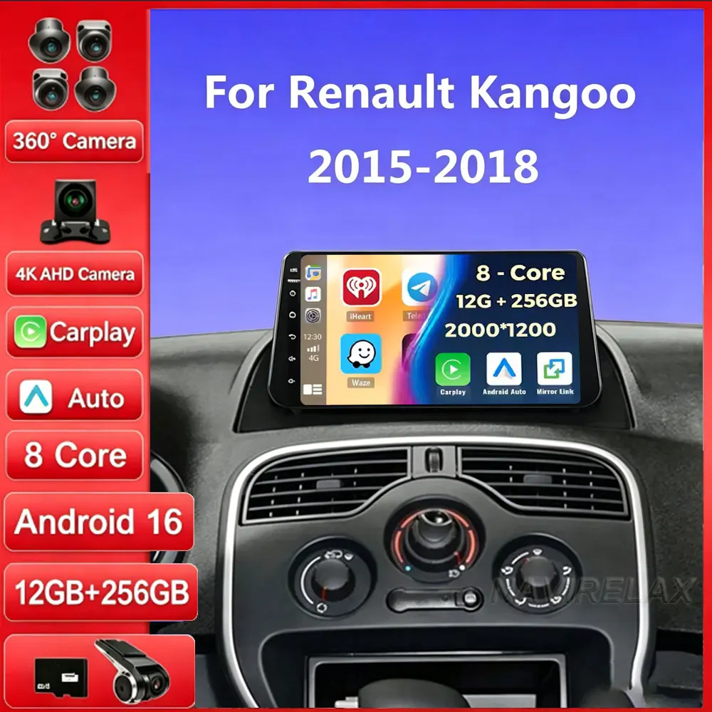 Android 16 Carplay Auto For Renault Kangoo 2007 2008 2009 - 2016 2017 2018 Multimedia Car Radio Player DVD Video WIFI+4G Stereo