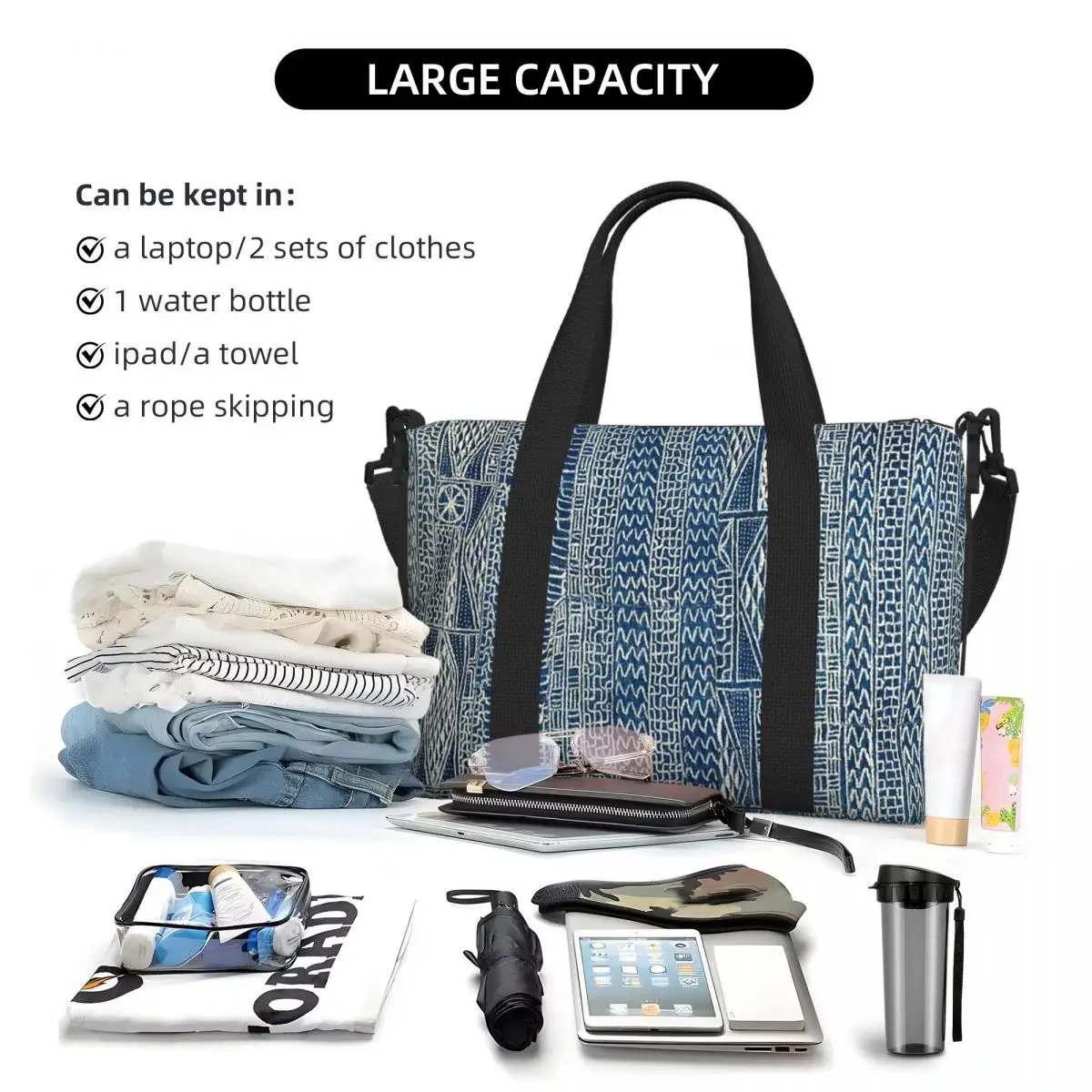 Ndop Cameroon West African Textile Beach Travel Bag Large Capacity Tote Bags for Gym Yoga Women Shopping Duffle Shoulder Bag