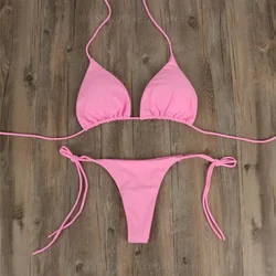 Sexy Women Thong Solid Color Bikini Set Side Halter Tie Swimsuit Ladies Split Strap Adjustable Swimwear Beachwear