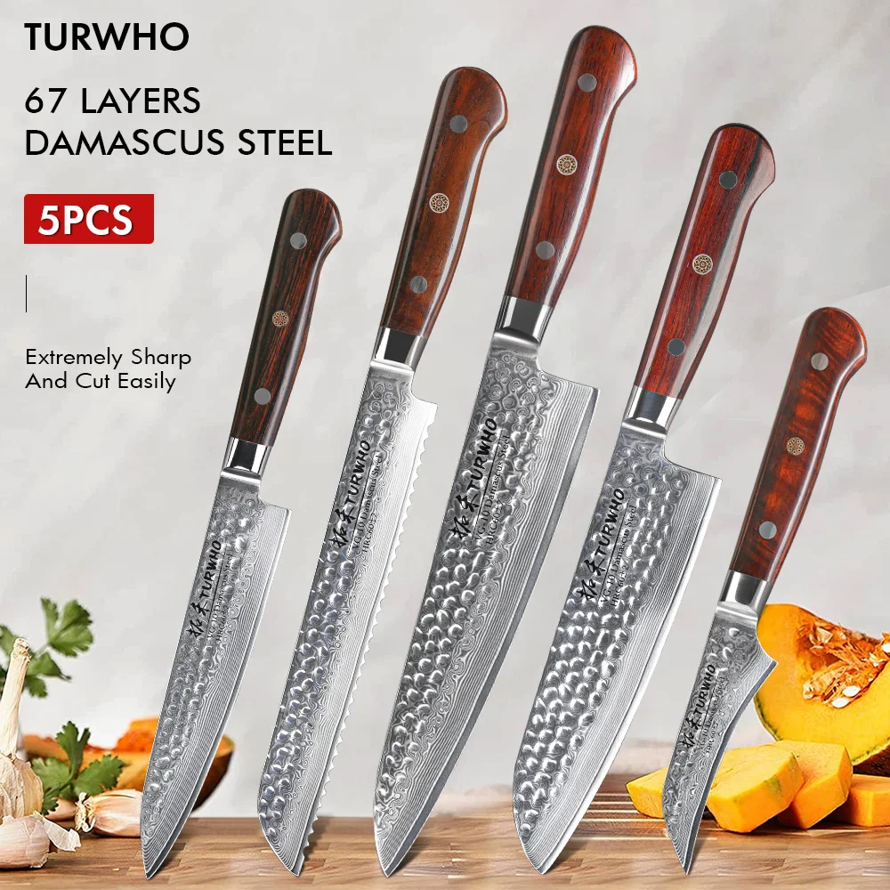 

TURWHO-Damascus Steel Knife Set, Chef Knives for Meat, Sharp Kitchen Knife, 67 Layers, Santoku Bread, Practical, 5 Pcs