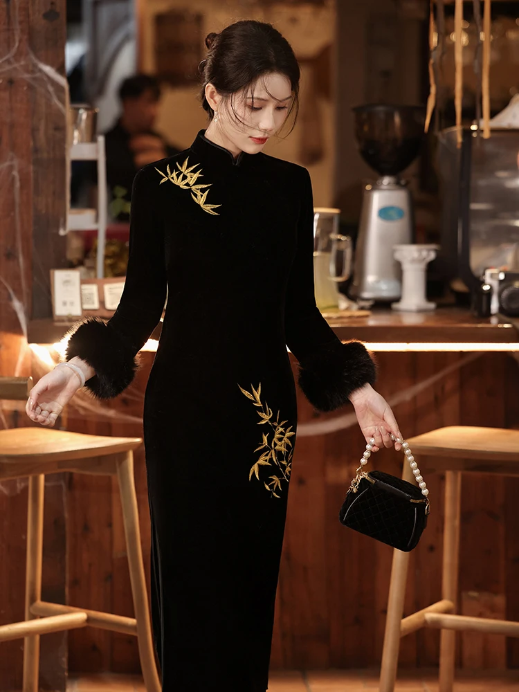 

Bla Velvet Thiened Fro Dr Vintage Chinese Sle Long Qipao Gown with Long Sves for Women Ele Daily Wear
