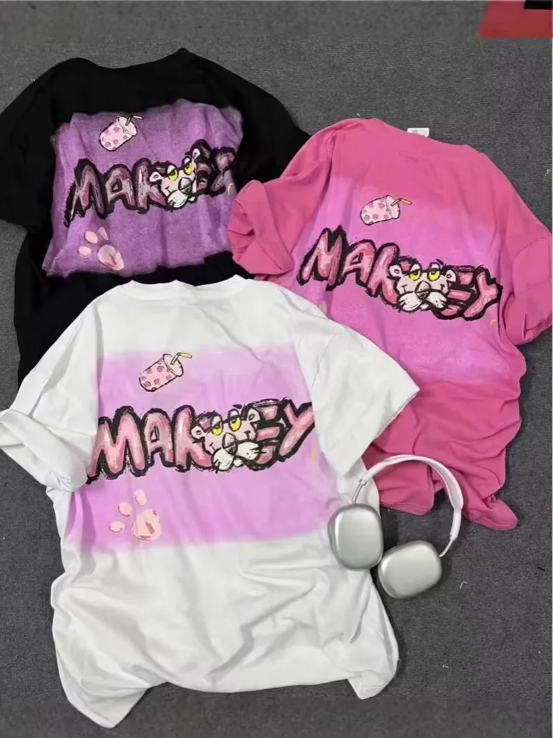 المتضخم الكرتون الأوروبي الوردي ليوبارد طباعة القطن الخالص س الرقبة قصيرة الأكمام التي شيرت الصيف جديد فضفاض المرأة ملابس خمر #2