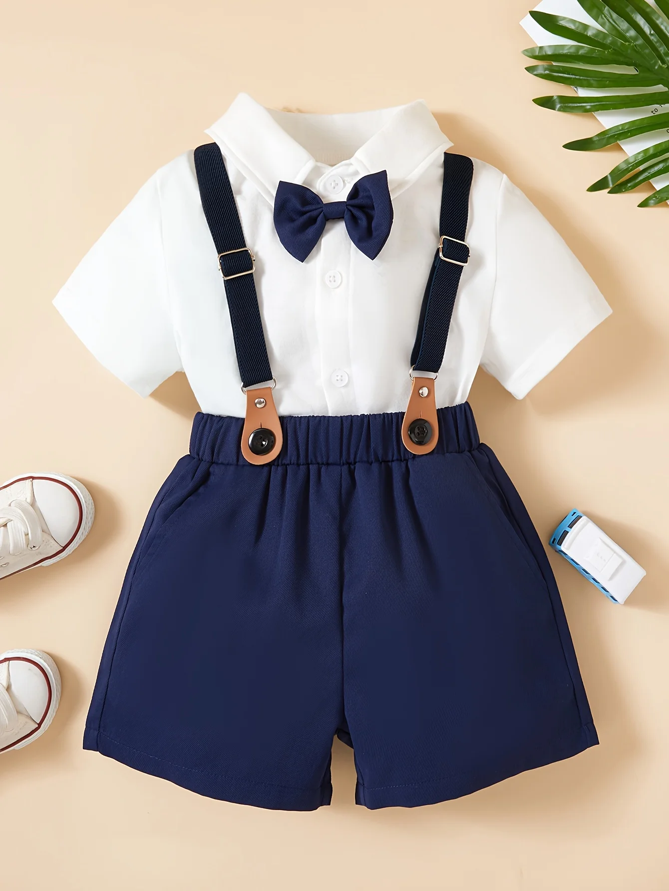 Boys Summer Bow Short sleeved Shirt+Strap Shorts Casual Gentleman Party Dress Two Piece Set