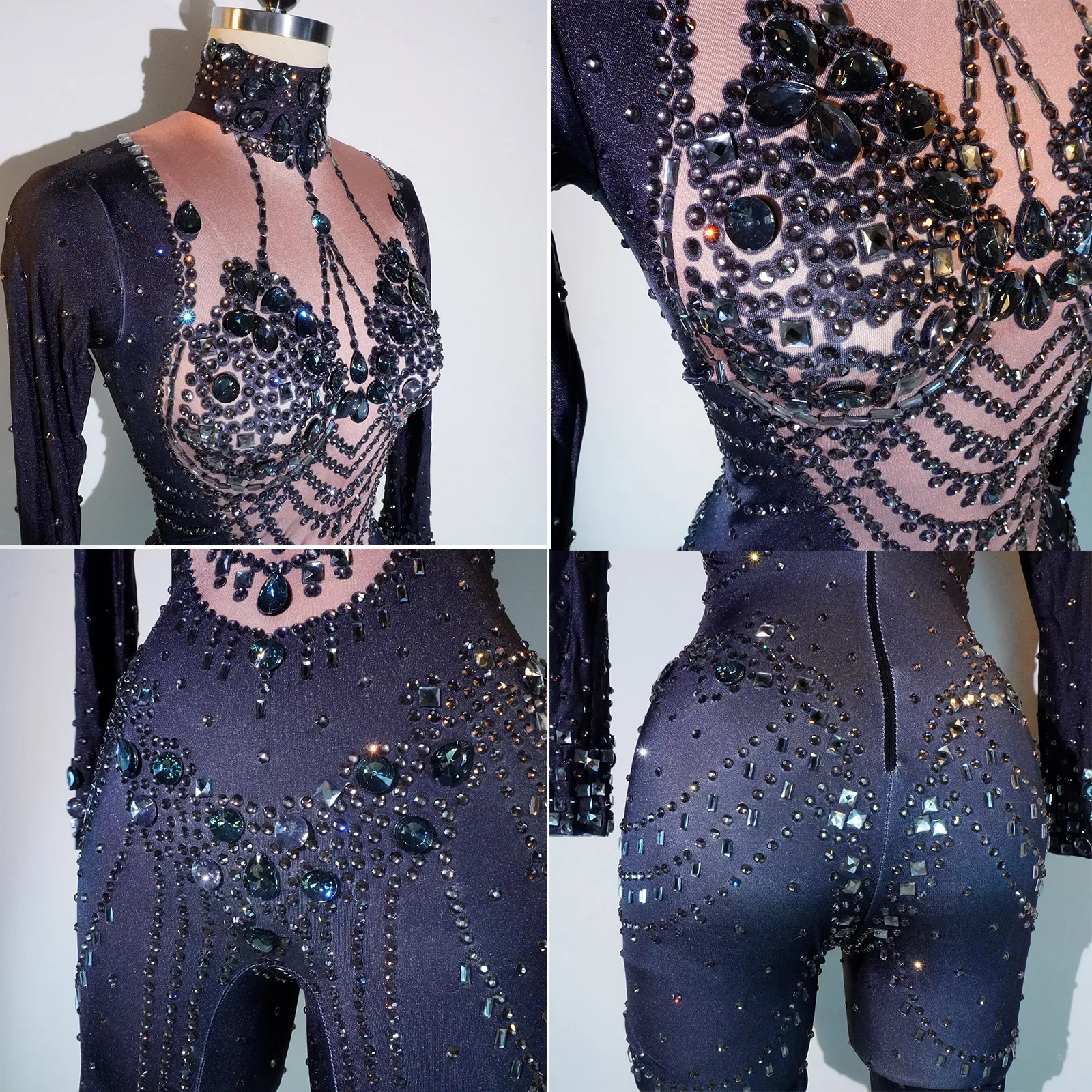 drag queen costumes sparkle rhinestones black long sleeve jumpsuit club party birthday performance Celebrate pole dance clothing