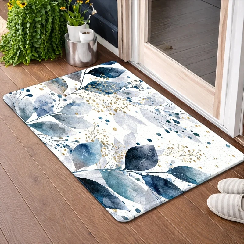 Watercolor Blue Botanical Leaf Pattern Runner Rug Indoor Area Mat Decoration for Home Decor Bathroom Gold Accent