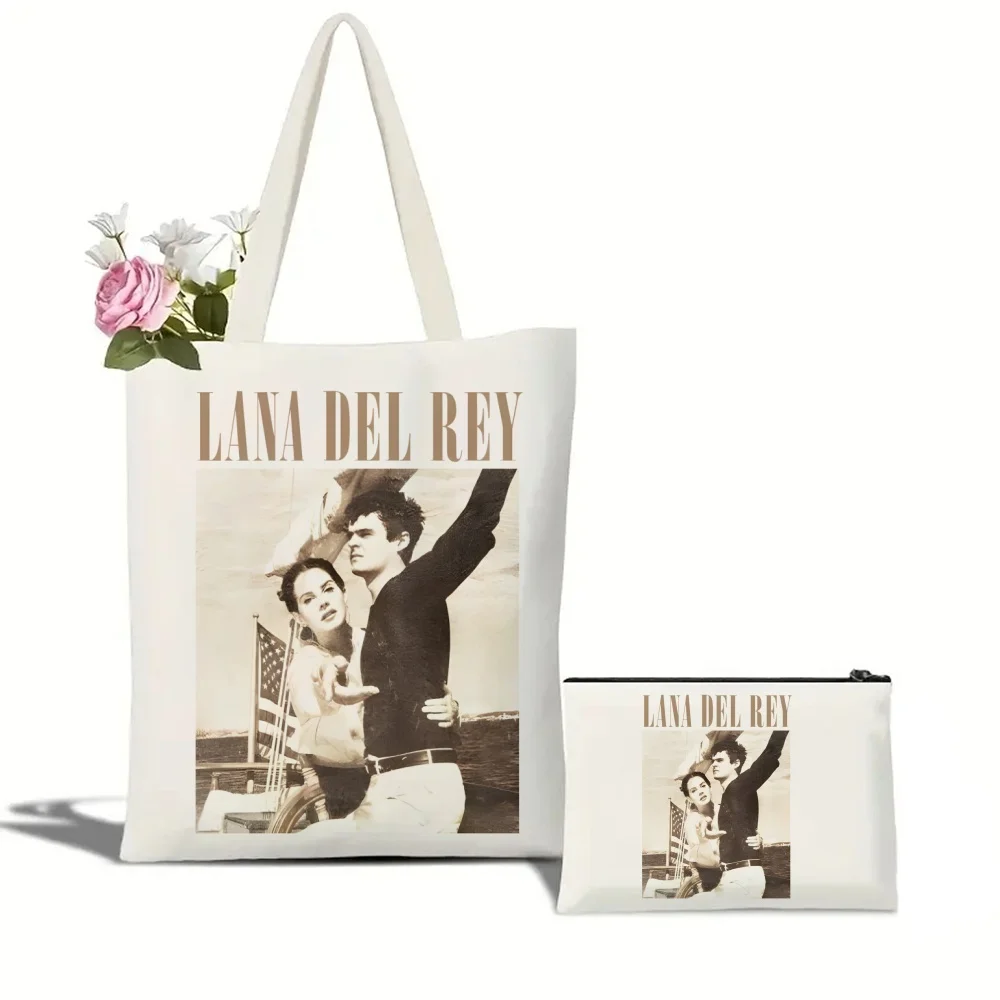 Y2k Singer Lana Del Rey Gift Bag Set, Ldr 90s Just for Life Print Tote Bag, Casual Canvas Shoulder Bag with Mini Storage Bag