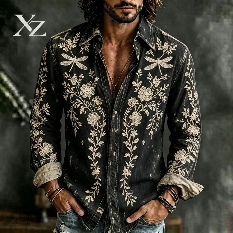 Men's Floral Dragonfly Print Long Sleeve Shirt, Versatile Casual Top for Daily Commuting and Vacation