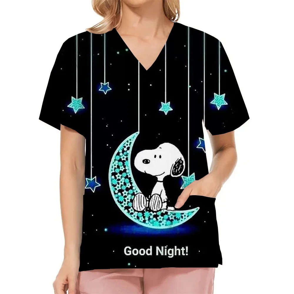 Cartoon Womens T-Shirts Medical Nursing Uniform Snoopy Print V-Neck Short Sleeve T Shirt Tops With Pocket Women's Clothing Cute