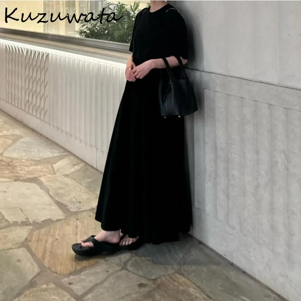 Kuzuwata Elegant O Neck Half Sleeve Loose Vestidos Vinatge Off Shoulder Fake Two Pieces Robe Japan New Fit Casual Ruched Dress