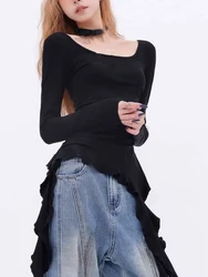 Y2k Aesthetic Black Skew Collar T-shirt Sexy Irregular Ruffled Fairy Tshirts Women Slim Fit 2025 Streetwear Grunge Pleated Tees