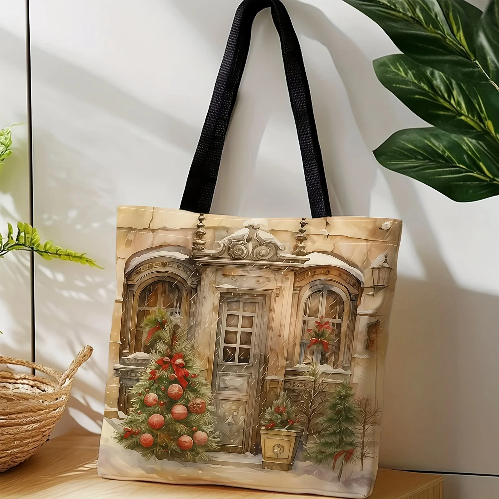 1pc Festive Christmas Tote Bag Snowy Doors Holiday Decorations Design, Lightweight Washable Polyester Eco Bag