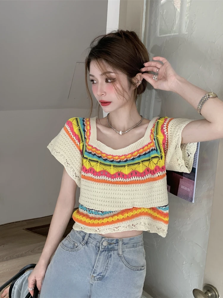 Knitted Rainbow Striped T-shirts for Women 2023 Summer Harajuku Colorful Top Mujer Korean Style Girlish College New Arrival