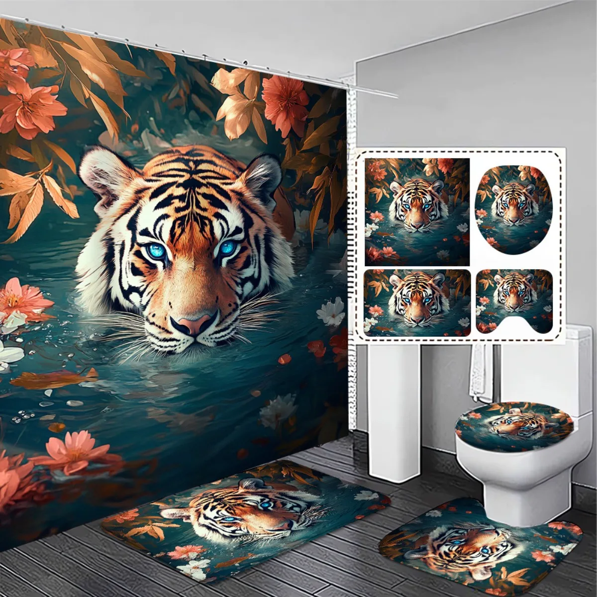 

4 шт., стильная занавеска для душа высокого качества с тигровым принтом и набор нескользящих ковриков для ванной - идеально подходит для современного декора ванной комнаты, изысканная