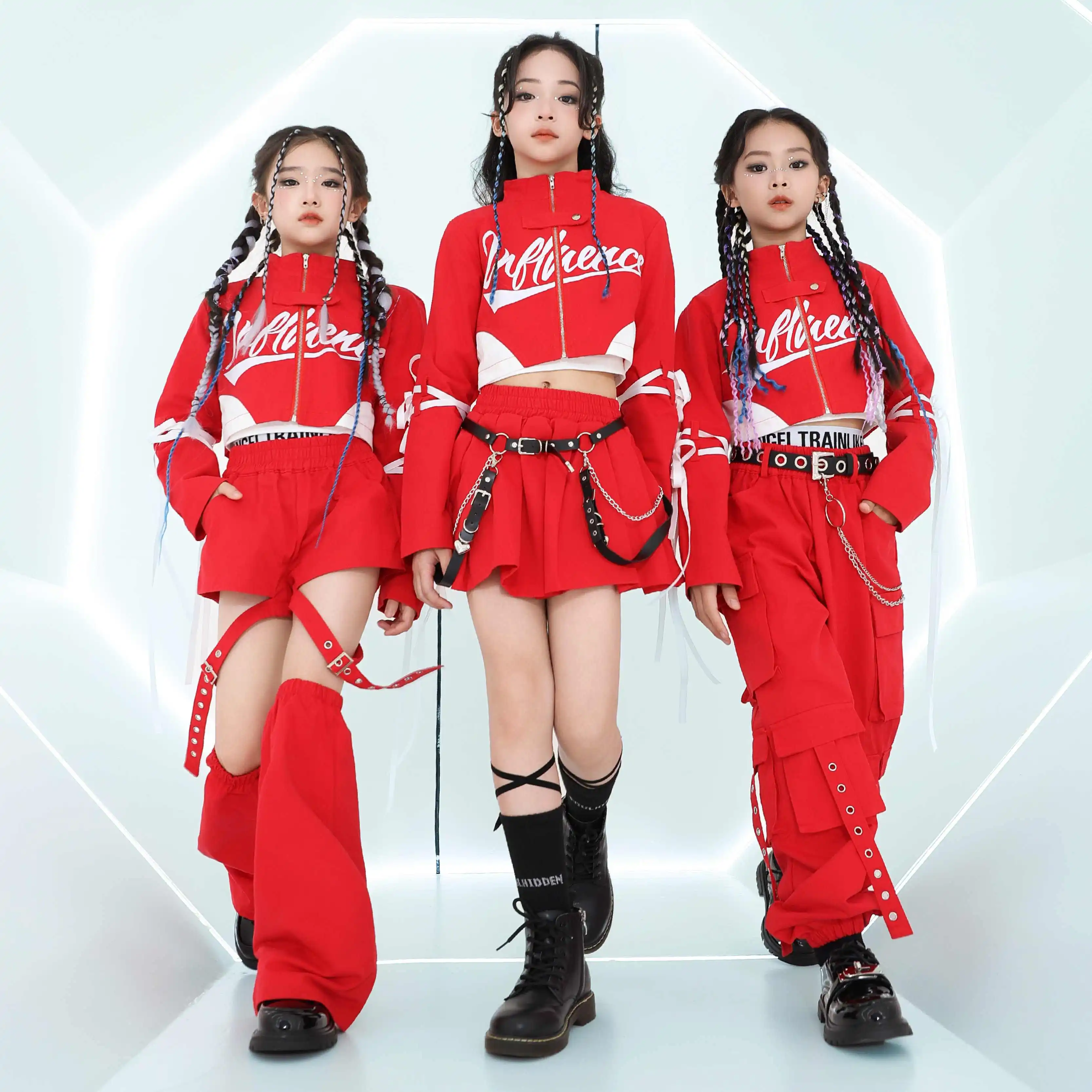 

Girls Jazz Dance Costume Hip Hop Clothing Red Coat Skirt Pants Kids Street Dance Performance Wear Catwalk Stage Outfits BL14045