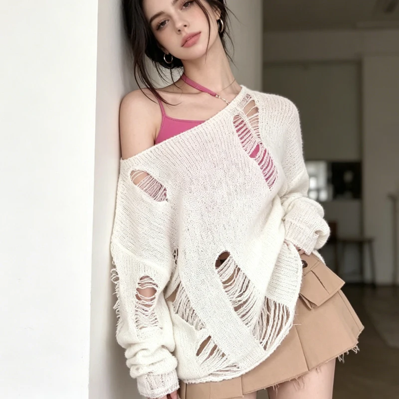 

Korean Style Skew Collar Blouse Spring Summer Women's Loose Off Shoulder Destroyed Knit Top Long Sleeve Gothic Punk Sweater