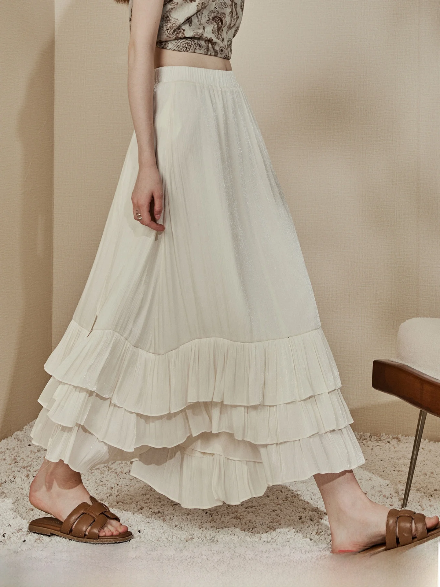Silk Imitation Ruffle Hem Half Skirt Summer Women's Date Holiday Elastic Waist Splicing Long Skirt KUHNMARVIN Casual Commute