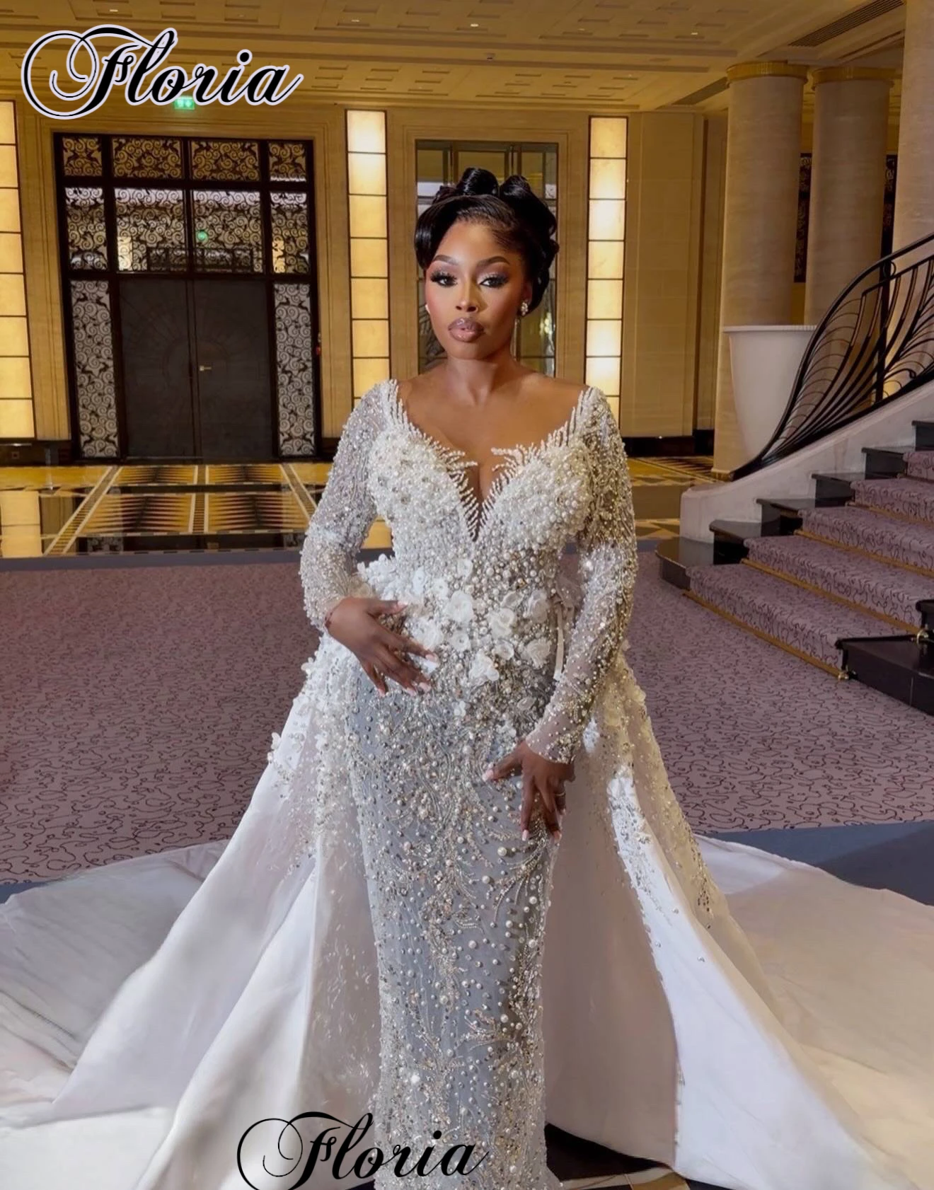 2026 Two Pieces Beaded Wedding Dresses With Detachable Train Pearls Long Sleeves Wedding Gowns Vestidos De Novia Customized